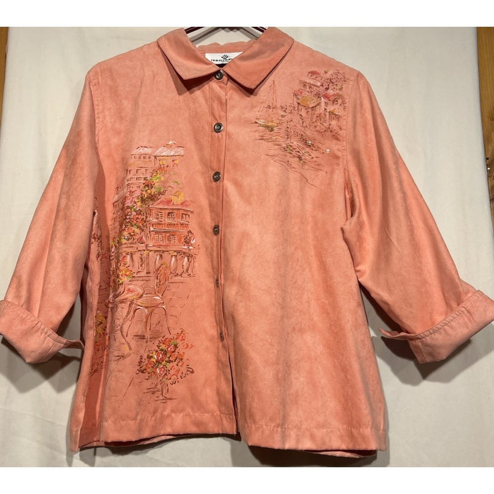 Cottagecore Art to Wear City Design Chamois Sz PL Button up Sequins Peach Pink